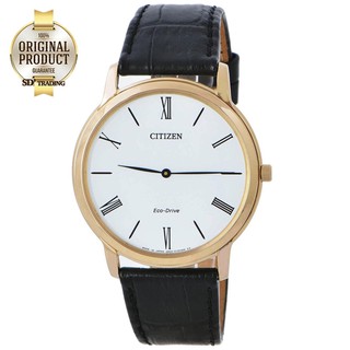 CITIZEN Eco-Drive Stiletto Super Slim Mens Watch Gold White สายหนัง สีดำ รุ่น AR1113-12B