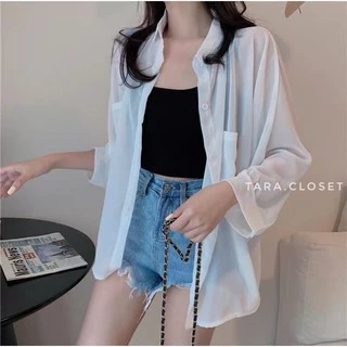 CF018 TARA Shirt Chiffon เสื้อเชิ้ต เสื้อคลุมแขนยาว กระเป๋าคู่ ทรงโอเวอร์ไซร์ แขนยาว เนื้อผ้าชีฟองเนื้อทรายอย่างดี
