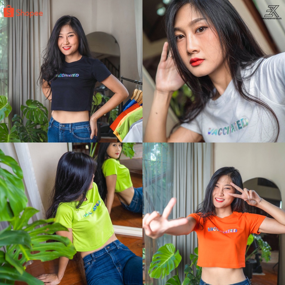 Expogarment เสื้อยืด ครอป เอวลอย สกรีนลาย Vaccinated Hologram CropTop ผ้าคอตตอน มี 10 สี