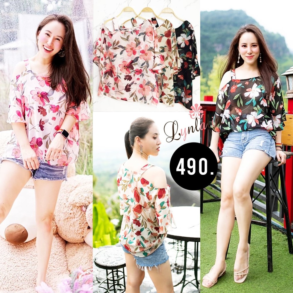 Lynlalin เสื้อเปิดไหล่แขนระบายแต่งสายคาด งานผ้าชีฟองพิมพ์ลายดอกชบา แขนสามส่วน รุ่น ไหล่ชบา สีชมพู/ดำ/ครีม L/XL/2XL