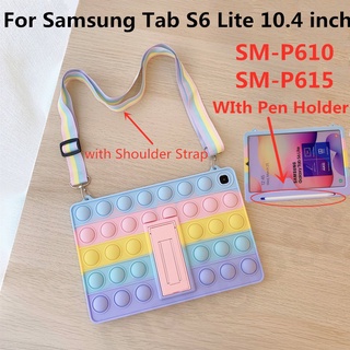 【With Pen Holder】เคสโทรศัพท์มือถือซิลิโคนพร้อมสายคล้องไหล่สีรุ้งสําหรับ Samsung Galaxy Tab S6 Lite 10.4 Inch 2020 Sm P610 P615