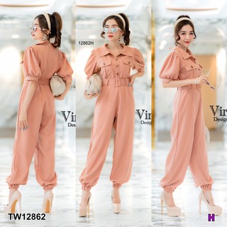 TwinsShopVip💗พร้อมส่ง TW12862 จั๊มสูทยาวขาพองแต่งเข็มขัด Long jumpsuit with puffy legs with beltLong jumpsuit