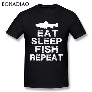 เสื้อยืดแขนสั้น ผ้าฝ้าย 100% พิมพ์ลาย Eat Sleep Fishing แฟชั่นคู่รัก สําหรับผู้ชาย และผู้หญิงSize S-5XL