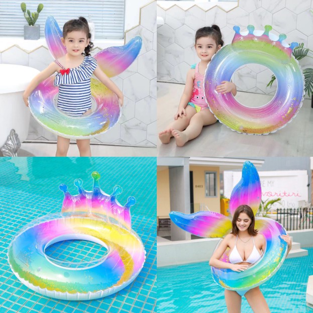พร้อมส่ง ห่วงยางแฟนซีเด็กและผู้ใหญ่ ว่ายน้ำ เป่าลม หางนางเงือก มงกุฎ สีรุ้ง