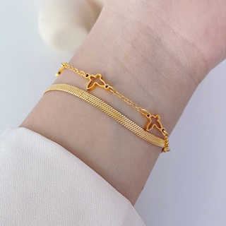สร้อยข้อมือเหล็กไทเทเนียม ทองคํา 18k จี้รูปงู ผีเสื้อ ฉลุลาย สองชั้น แบบเรียบง่าย สไตล์เกาหลี