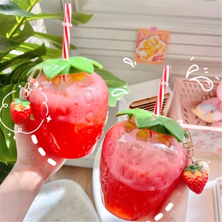 500ml Protable Stundent Children Cute Strawberry Shape Transparent Plastic Water Milk Drink Bottle With Straw