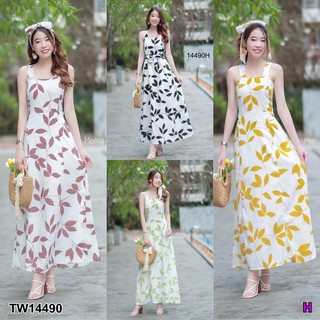 SS14490 Maxi Dress เดรสยาว สายเดี่ยว ลายใบไม้ + โบว์ผูกผม