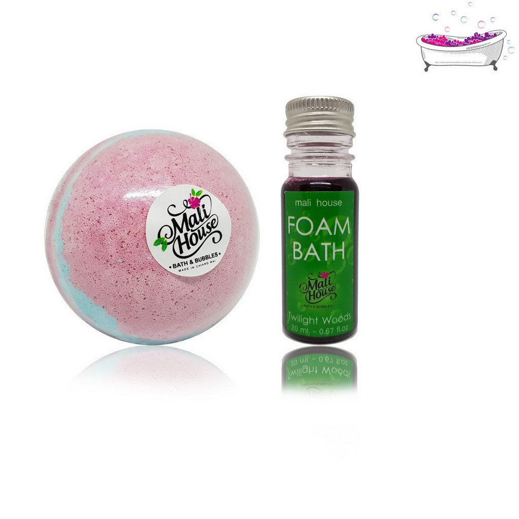 Duo Bath Bomb & Foam Bath บาธบอมสบู่สปาสำหรับแช่ในอ่างและเจลสปา Twilight Woods,สีม่วง 150g&20ml.