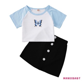 MG-Kids Girls Fashion 2-piece Outfit Set Butterfly Print T-shirt+Skirt Set for Children Girls