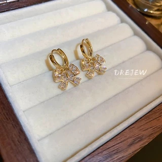 DREJEW ต่างหูแฟชั่น ทอง 18K ประดับโบว์ เพทาย กันแพ้ ระดับไฮเอนด์