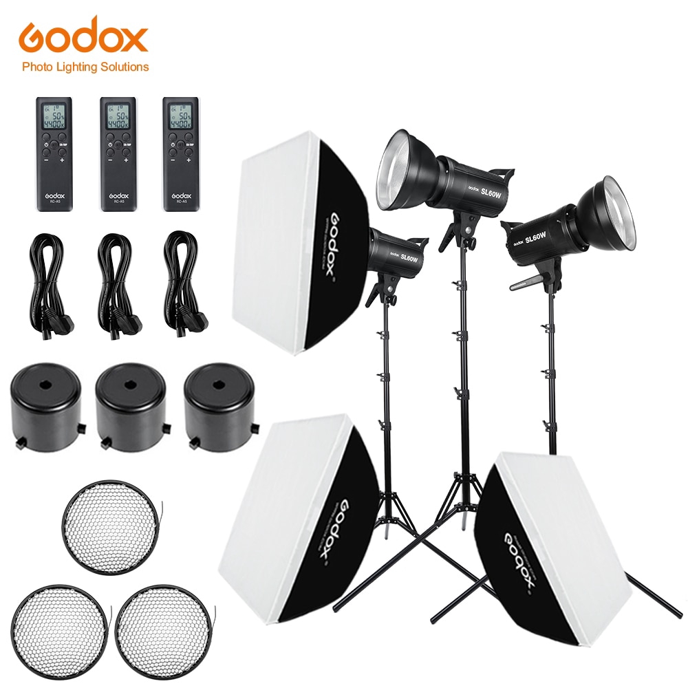 3x Godox SL60W 5600K Studio LED Continuous Photo Video Light + 3x 1.8m Light Stand + 3x 60x60cm