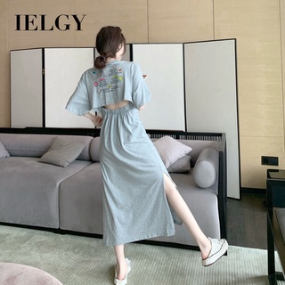 IELGY ชุดเดรส เปิดหลัง แขนสั้น ยาวเหนือเข่า เอว และบาง สําหรับผู้หญิง