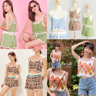 ✅หลายสี มาใหม่✅ชุดเซต เสื้อครอปกางเกงขาสั้นถักโครเชต์  สีสันสดใส