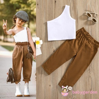 Babygarden-1-96years ชุดเสื้อกล้าม เปิดไหล่ข้างเดียว และกางเกงขายาว สีพื้น แฟชั่นสําหรับเด็กผู้หญิง