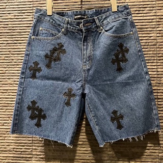 CHROME HEARTS LOGO PATCH DENIM SHORTS กางเกงยีนส์ขาสั้นผู้ชาย แบรนด์โครมฮาร์ท ปักสัญลักษณ์โลโก้หนังแท้สีดำ