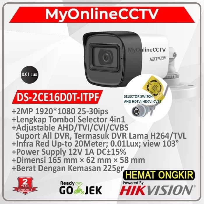 DS-2CE16D0T-ITPF Hikvision กล้อง DS 2CE16D0T ITPF กล้องวงจรปิดกลางแจ้ง 2MP รองรับ DVR ทั้งหมด