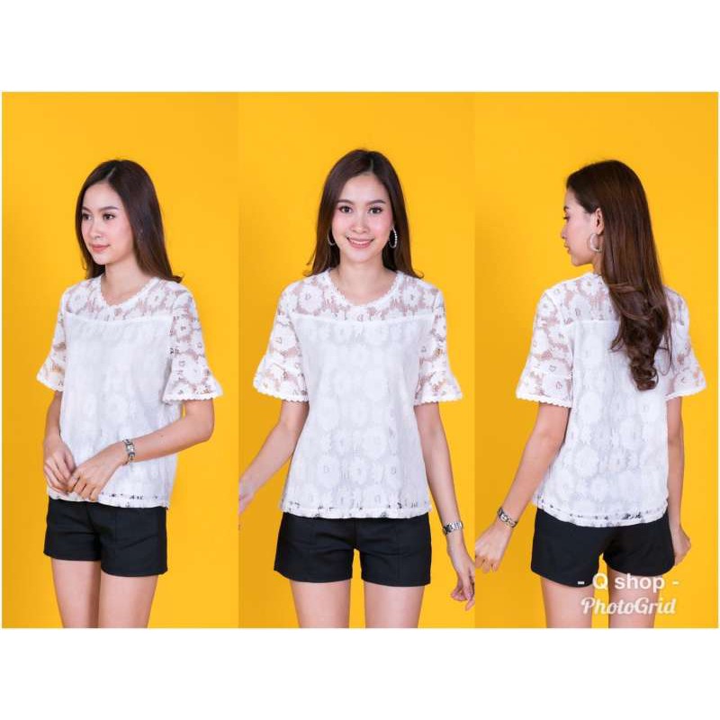 เสื้อลูกไม้คอกลมแขนสั้นระบาย 1896#