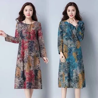 เดรสยาวผาลนน เดรสสาวอวบ M-4XL เดรสลายดอก คอกลมแขน สน ชดเดรสกระโปรงผหญง