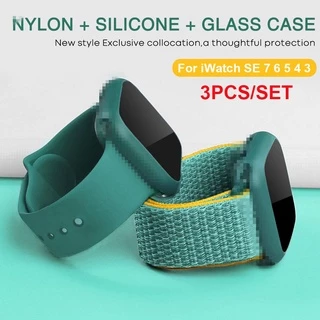 เคสกระจก 3 แพ็ค และสายนาฬิกาข้อมือไนล่อน ซิลิโคน สําหรับ Smart Watch Band 49/45/41/38/42 มม. 44 มม. 40 มม. Iwatch Series ultra 11 10 9 8 7 6 SE 5 4 3 2 1