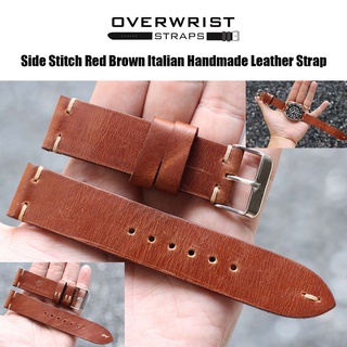 สายนาฬิกา สายหนังวัวแท้ overwrist side stitch red brown italian handmade leather strap