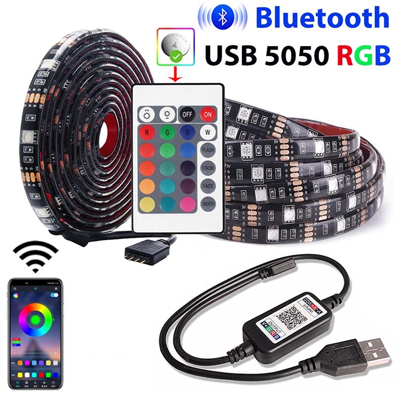USB Bluetooth LED Strip Light 5V 5050 RGB, กาวกลับยืดหยุ่นไดโอด Strip สําหรับพื้นหลังทีวีและห้องตกแต่งบ้านแสง