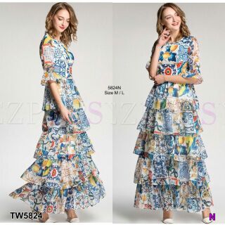 Maxidress แม็กซี่เดรสคอกลมแขนสามส่วนปลายแขน