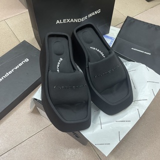 ขายดี Alexanderwangϟ รองเท้าแตะส้นเตารีด ผ้าซาติน ส้นหนา สีชมพู เซ็กซี่ ใส่ข้างนอกได้