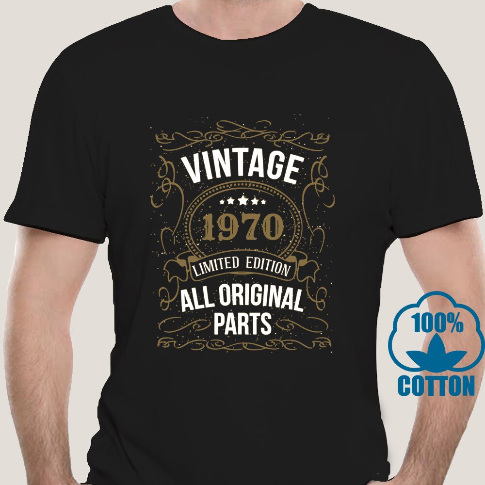 เสื้อแฟชั่นผญ - วินเทจ 1970 50 วันเกิด Tshirt อายุ 50 ปีของขวัญสีดํากองทัพเรือชายสั้น