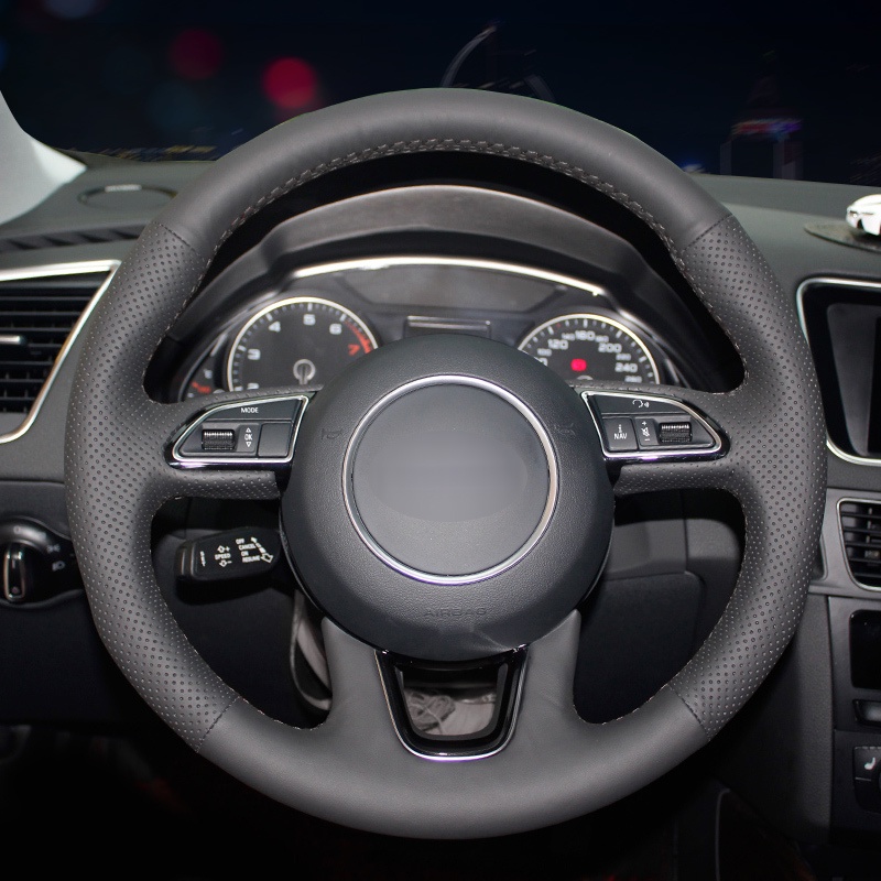 ฝาครอบพวงมาลัยรถยนต์หนังเทียมสีดําเย็บมือสําหรับ Audi Q3 (8U) 2011-2018 Q5 (8R) 2012-2017 Q7 (4L) 20