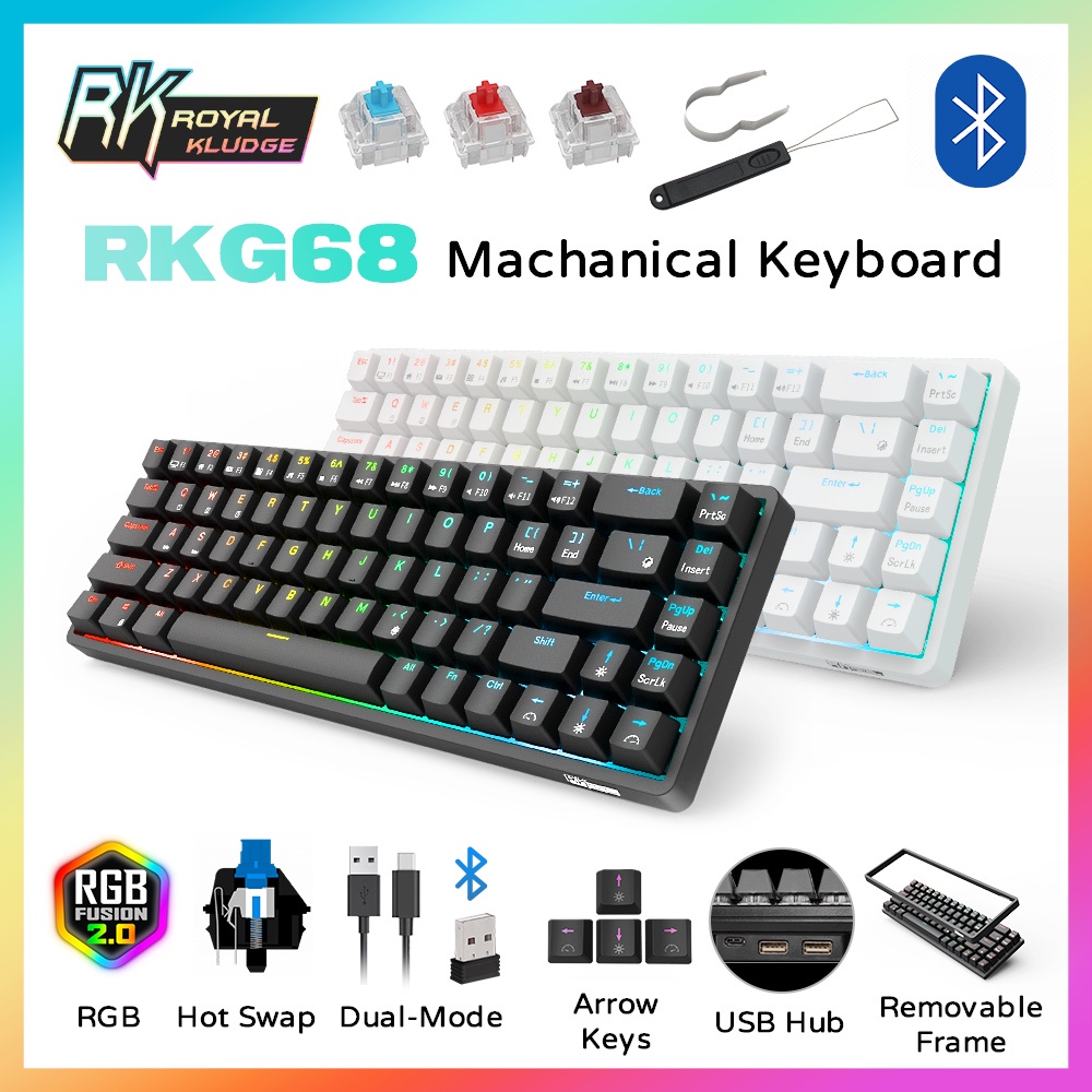 ROYAL KLUDGE RK G68 Gaming Keyboard คีย์บอร์ดไร้สาย  Bluetooth/Wired/2.4Ghz Wireless RGB Hotswap Blu