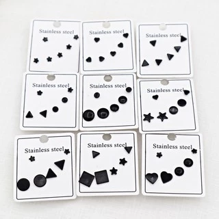 ต่างหู set 3 คู่ สแตนเลสสีดำ ลาย ดาว วงกลม หัวใจ สามเหลี่ยม มีหลายแบบ