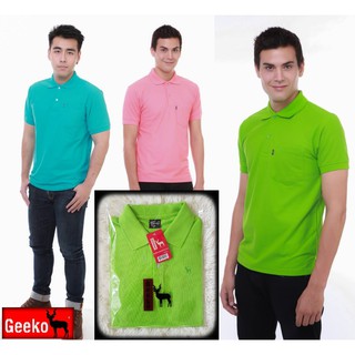 เสื้อโปโล ( polo shirt )แบรนด์ Geeko ตรากวาง สีพื้นชาย สีเขียวสด(สะท้อน) gkc - 46M