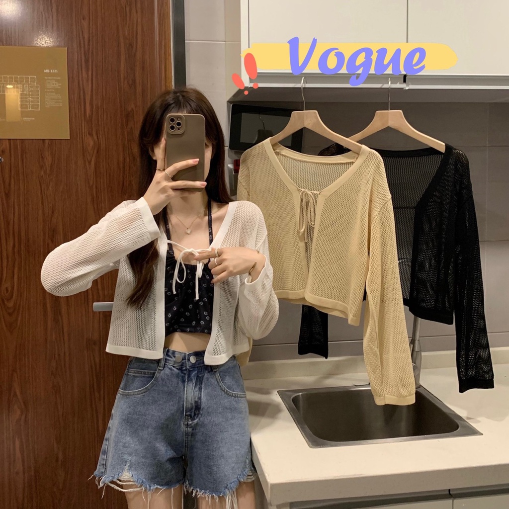 Vogue พร้อมส่ง  เสื้อคลุมไหมพรมแขนยาว ดีเทลถักไหมพรม ซีทรูเบาๆน่ารัก (3186) -C