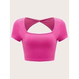 เสื้อครอป สีชมพู เว้าด้านหลัง