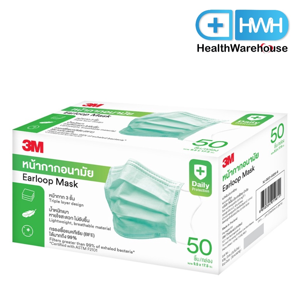 หน้ากากอนามัย 3M Earloop Mask 50 ชิ้น กระดาษปิดจมูก หนา 3 ชั้น สีเขียว