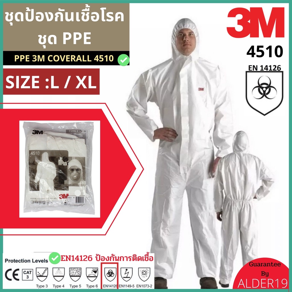 พร้อมส่ง ชุด PPE 3M 4510 Coverall ป้องกันสารเคมี ชุดพีพีอี Size L ,XL ชุดกันสารเคมี ฝุ่นละออง ป้องกันโรค มาตรฐาน EN14126