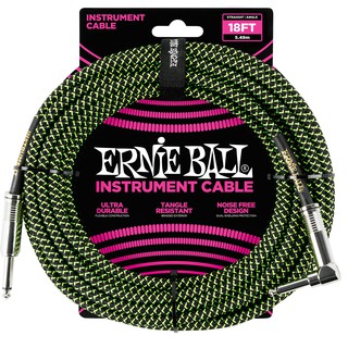 ERNIE BALL® สายแจ็คกีตาร์ แบบไนลอนถัก ยาว5.5เมตร หัวตรง/หัวงอ (18FT Braided, Straight / Angle Instrument Cable / P06082)