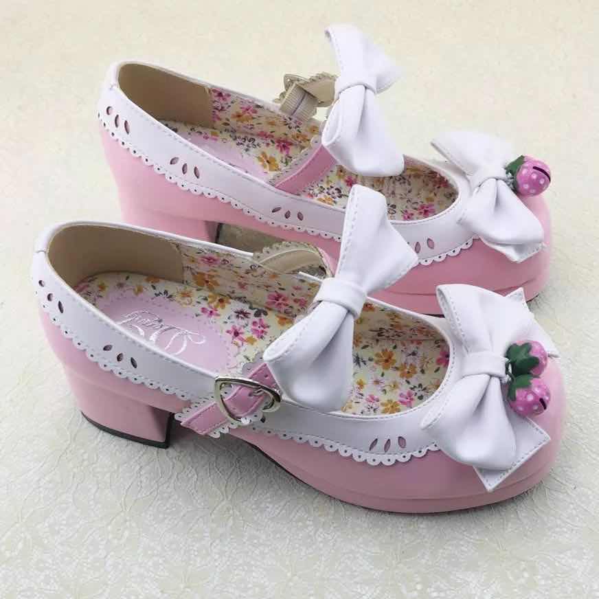 Japanese Lolita Strawberry Bells Bow Strap High-Heeled Shoes SD00798