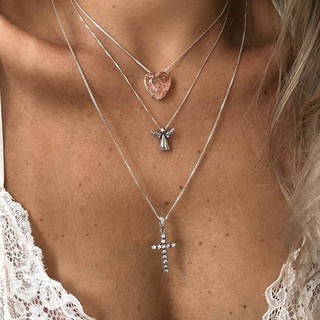 XUYU Korean  Fashion Love Pink Heart cross Wings angel Pendant Chain Necklace Women Jewelry Gift