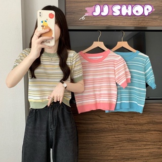 JJ shop💜 พร้อมส่ง เสื้อยืดไหมพรมแขนสั้น คอกลมลายทางสีสันน่ารักผ้านิ่ม "91007"