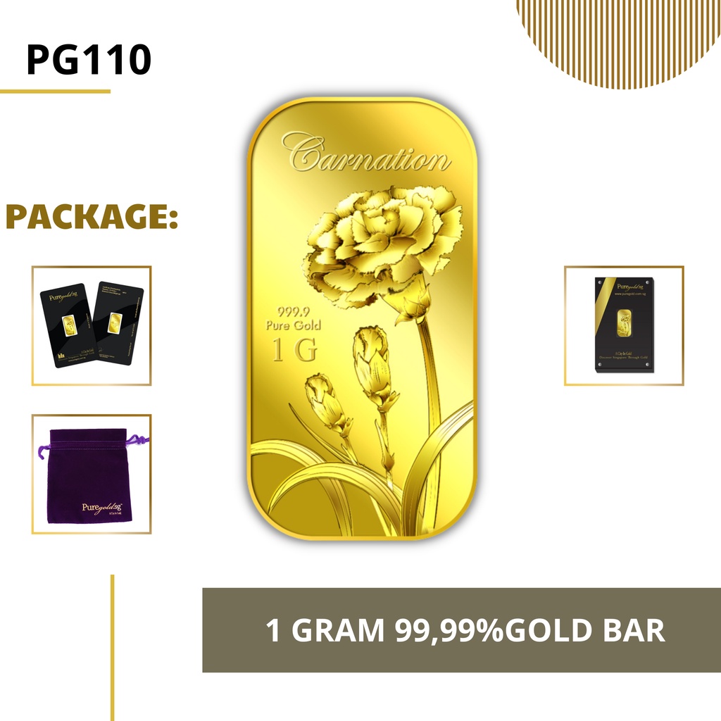 Puregold 99.99 ทองคำแท่ง 1g ลาย ดอกคาร์เนชั่น ทองคำแท้จากสิงคโปร์