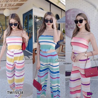 PP15538 Set 2 ชิ้น เสื้อเกาะอกอัดพลีทลายริ้ว + กางเกงขายาวลายริ้ว