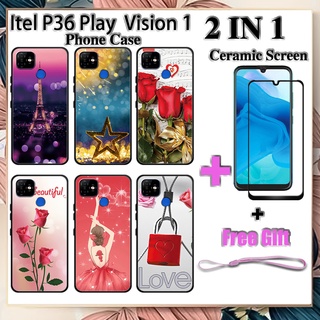 2 IN 1 Itel P36 Play Vision 1(6.09 นิ้ว) เคสโทรศัพท์ พร้อมกระจกนิรภัยกันรอยหน้าจอ เซรามิก ฟิล์มโค้ง โรแมนติก