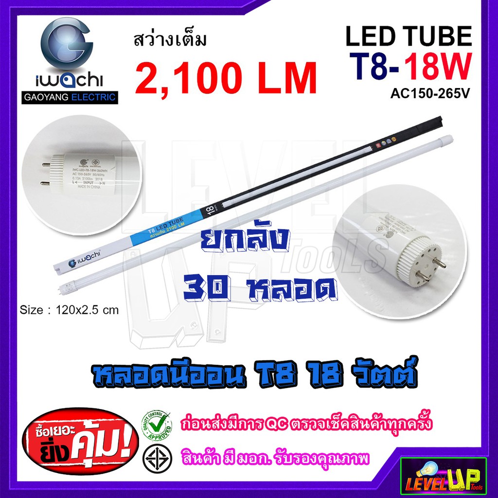 (ยกลัง 30 หลอด) หลอดไฟนีออน LED T8 หลอดไฟ 18W IWACHI สว่างเต็ม 2100 แสงสีขาว DAYLIGHT