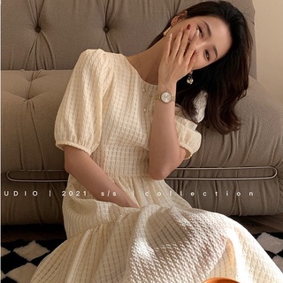 Apricot First Love Fairy Mid-Length Dress New Round Neck Short Sleeve High Waist Waffle A-Line Skirt