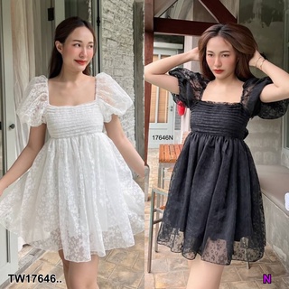 17646 เดรสสั้น แขนตุ๊กตา ผ้าแก้วลูกไม้ Short dress, doll sleeves, glass fabric, lace