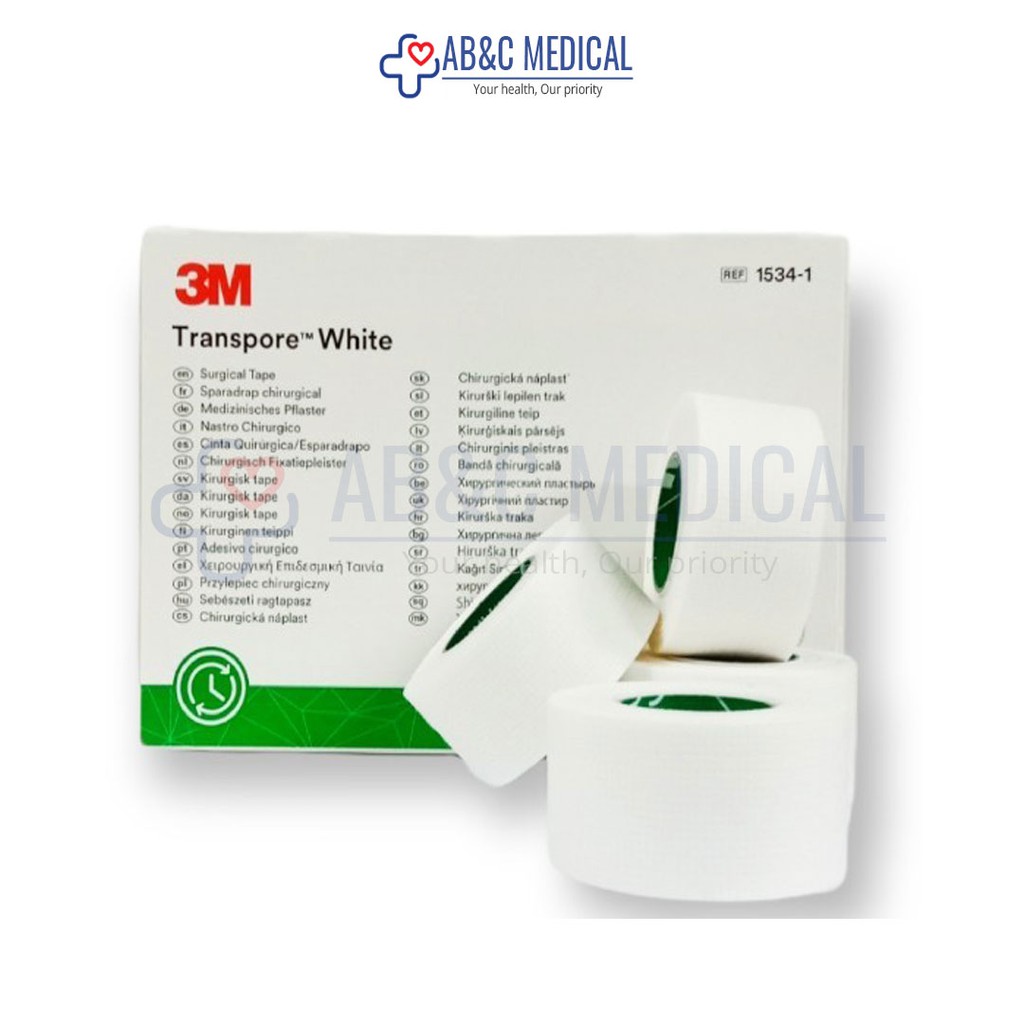Transpore  White    1/2 นิ้ว   1 นิ้ว สำหรับผิวแพ้ง่ายนิ่มแบบเยื่อกระดาษฉีกง่ายราคาต่อม้วน