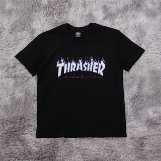 thrasher flame เสื้อยืดลําลองสําหรับ unisex ผ้าฝ้ายแขนสั้นขนาดพลัสทรงหลวม