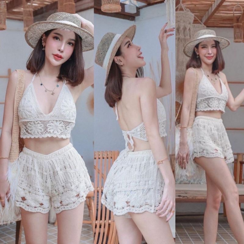 ชุดเซ็ตงานถักไปทะเล เสื้อถักผูกคอ+กางเกงถักลูกไม้ ชุดไปทะเลแซ่บๆ