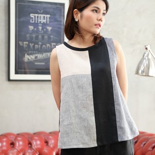 Candith - Natural Linen Sleeveless Multicolor Black/Grey  เย็บต่อผ้าแบบยูนิค